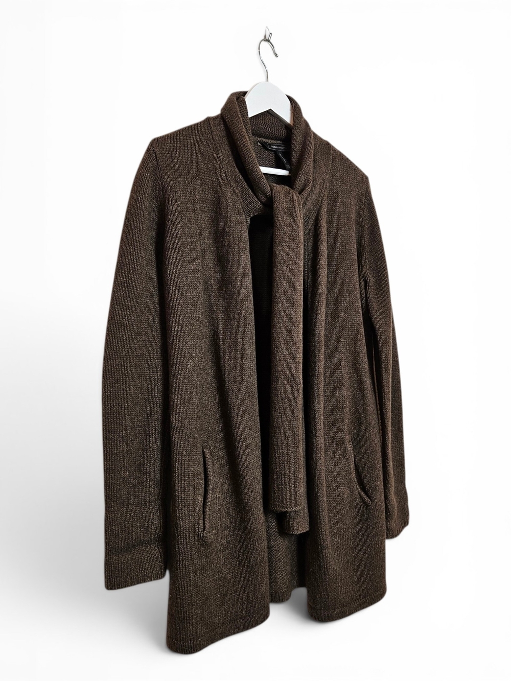 BCBGMAXAZRIA Gordon Wool Yak Cardigan XXS Built In Scarf Collar Pockets Brown
